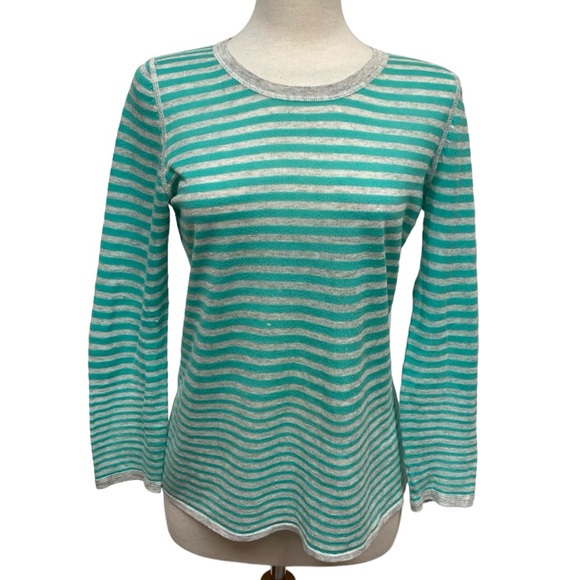 Belford Aqua Blue and Gray Striped Crewneck Lightweight Sweater Women’s Small - Picture 1 of 5